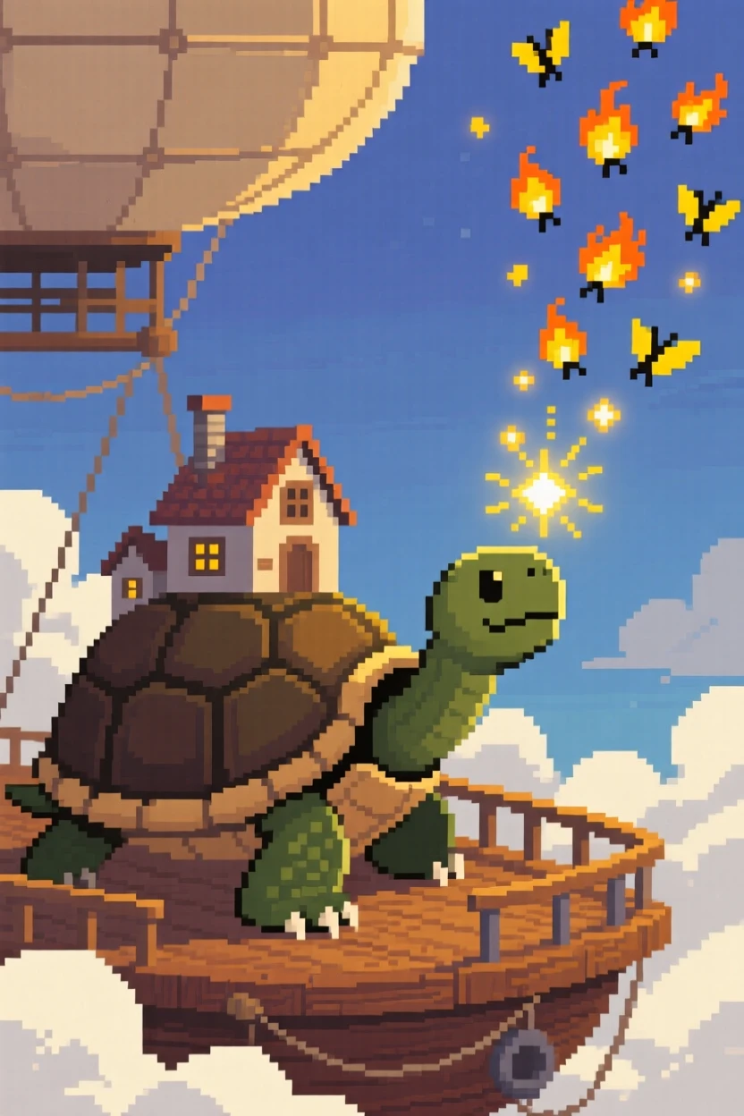 A giant turtle carrying a village on its shell casting a spell that fills the sky with fireflies, on the deck of an airship among the clouds.