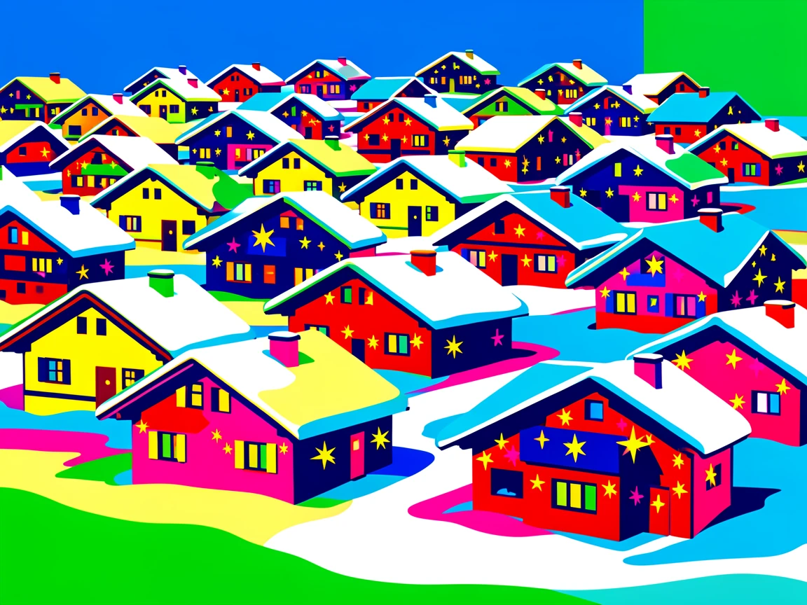 Snowy chalet village with twinkling lights