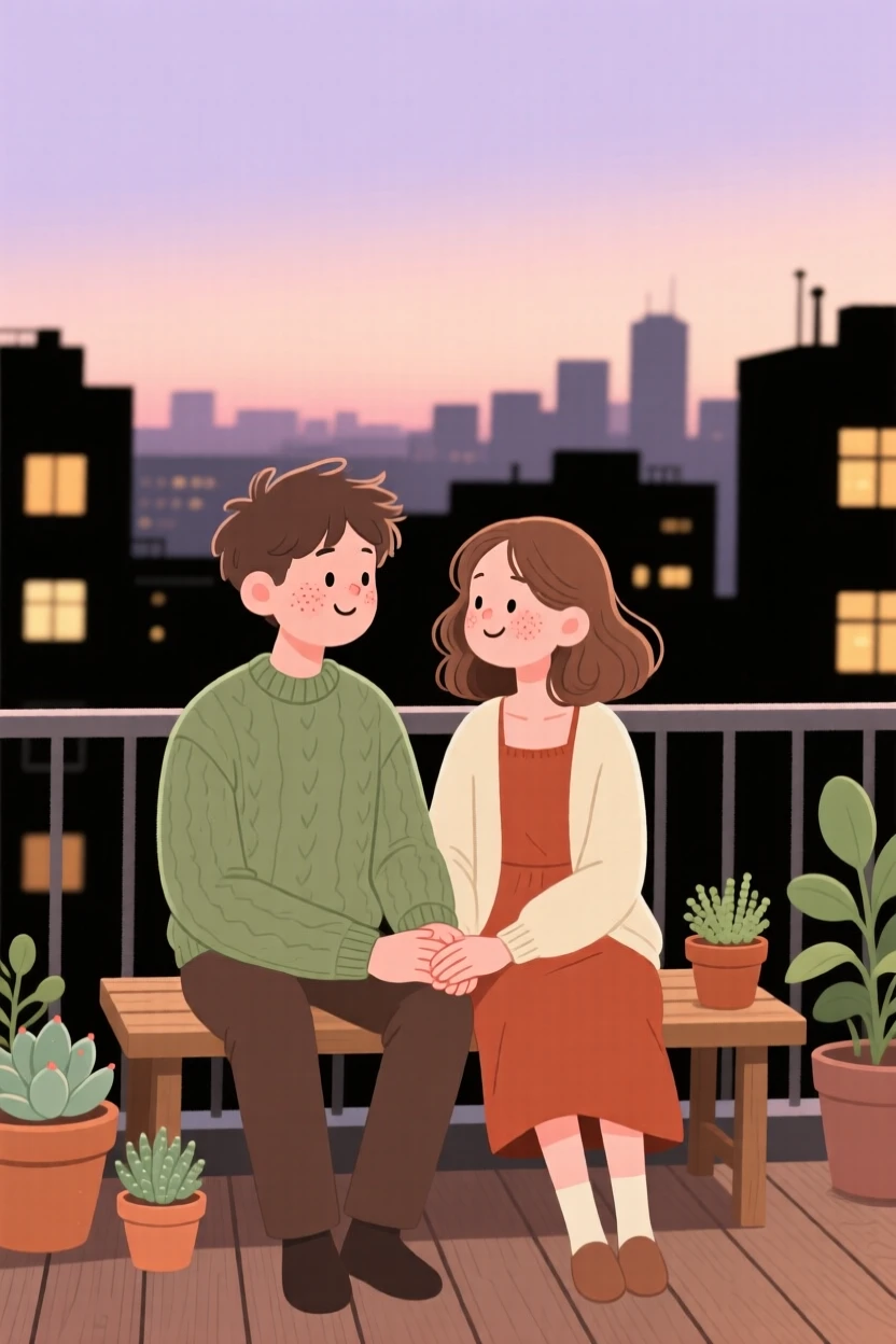 A couple shares a quiet moment on a rooftop terrace at dawn, holding hands in comfortable silence as the city lights begin to glow surrounds them.