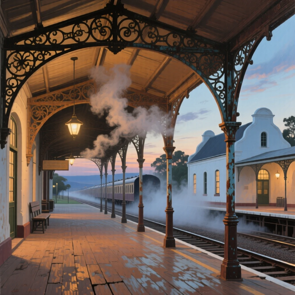 A medium shot of a grand old railway station with wrought-iron beams and rising steam, in a Cape Dutch farmstead in South Africa, in the 1930s, at twilight.
