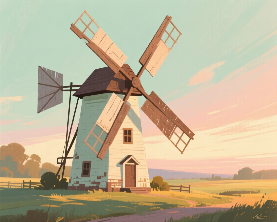 A farmhouse windmill turning slowly against a pastel evening sky
