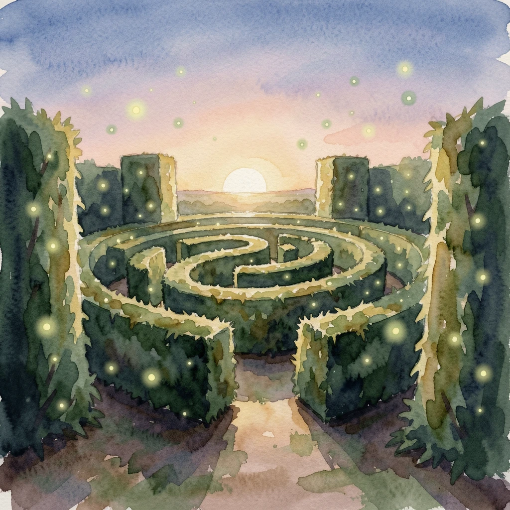 A castle garden maze glowing with fireflies.