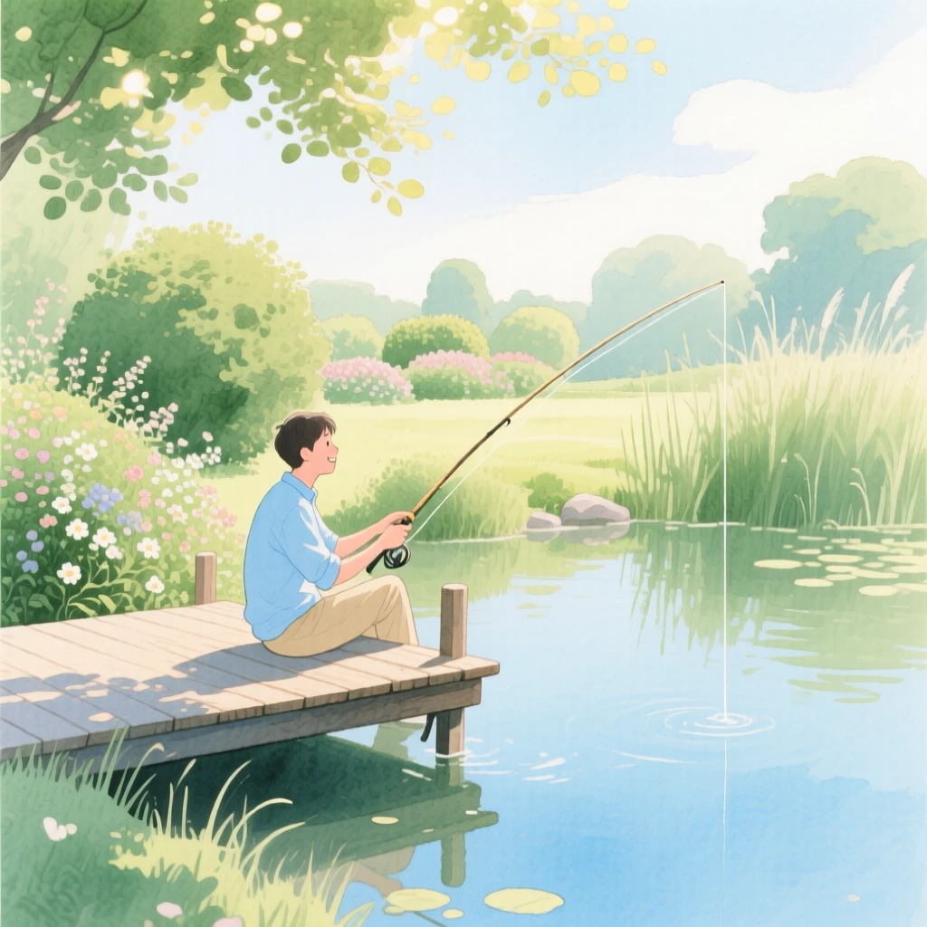 A peaceful scene of someone fishing from a quiet dock in a sunlit garden, fully absorbed in a quiet, joyful moment