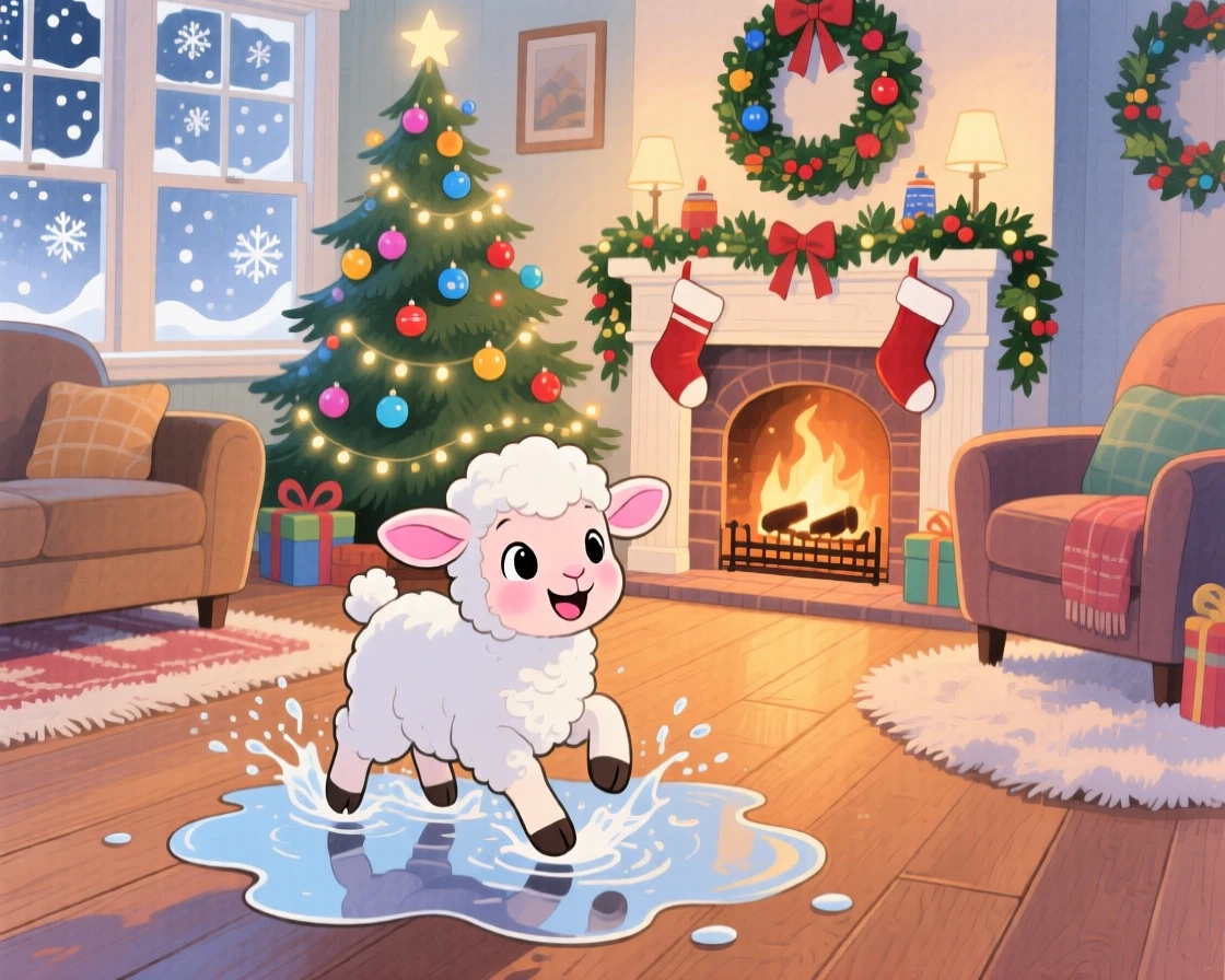A baby lamb splashing happily in a puddle after rain, set in a snug living room decorated for the holidays, capturing a fleeting moment of quiet contentment.