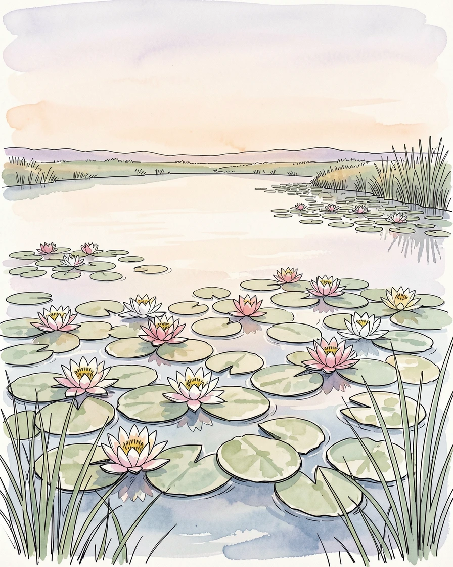 A quiet pond covered in floating water lilies at first light, a sense of calm and vastness filling the open space.