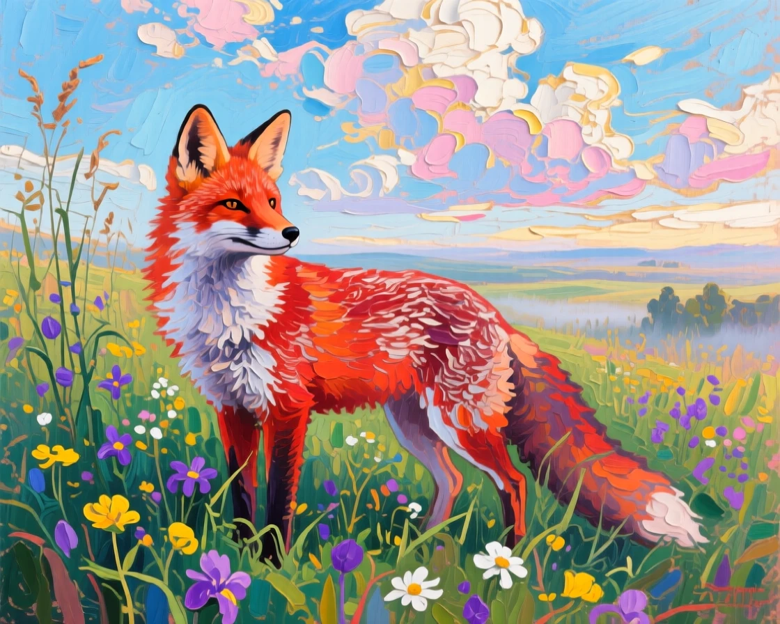 a red fox in a meadow, under a vast open sky, with layered visual detail from foreground to horizon.