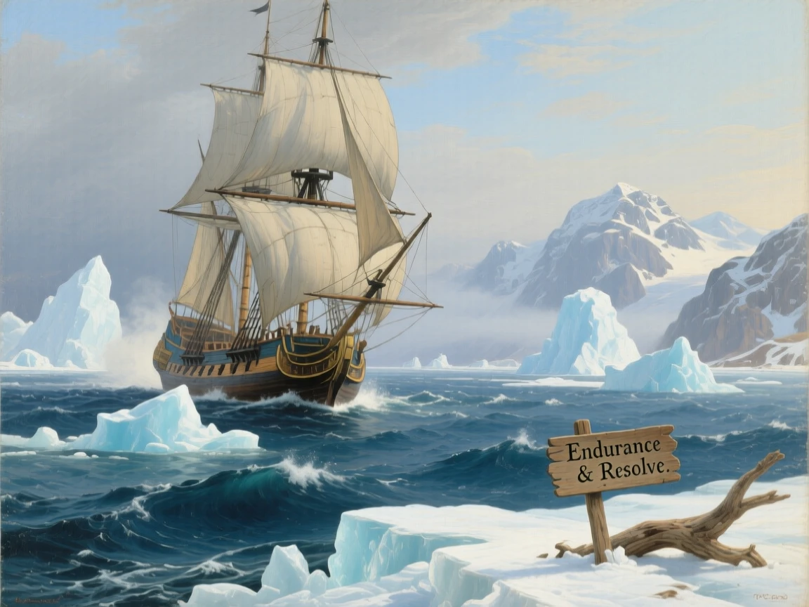 An old whaling ship cuts through icy northern waters.