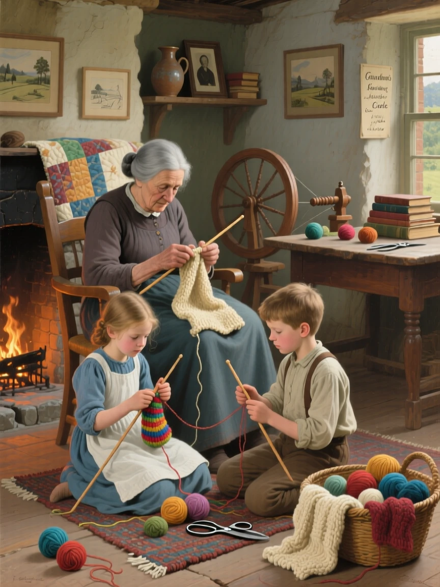 A grandmother teaching her grandchildren to knit by the fireplace, surrounded by the comfortable clutter of everyday domestic life, offering a heartwarming glimpse into ordinary, meaningful moments