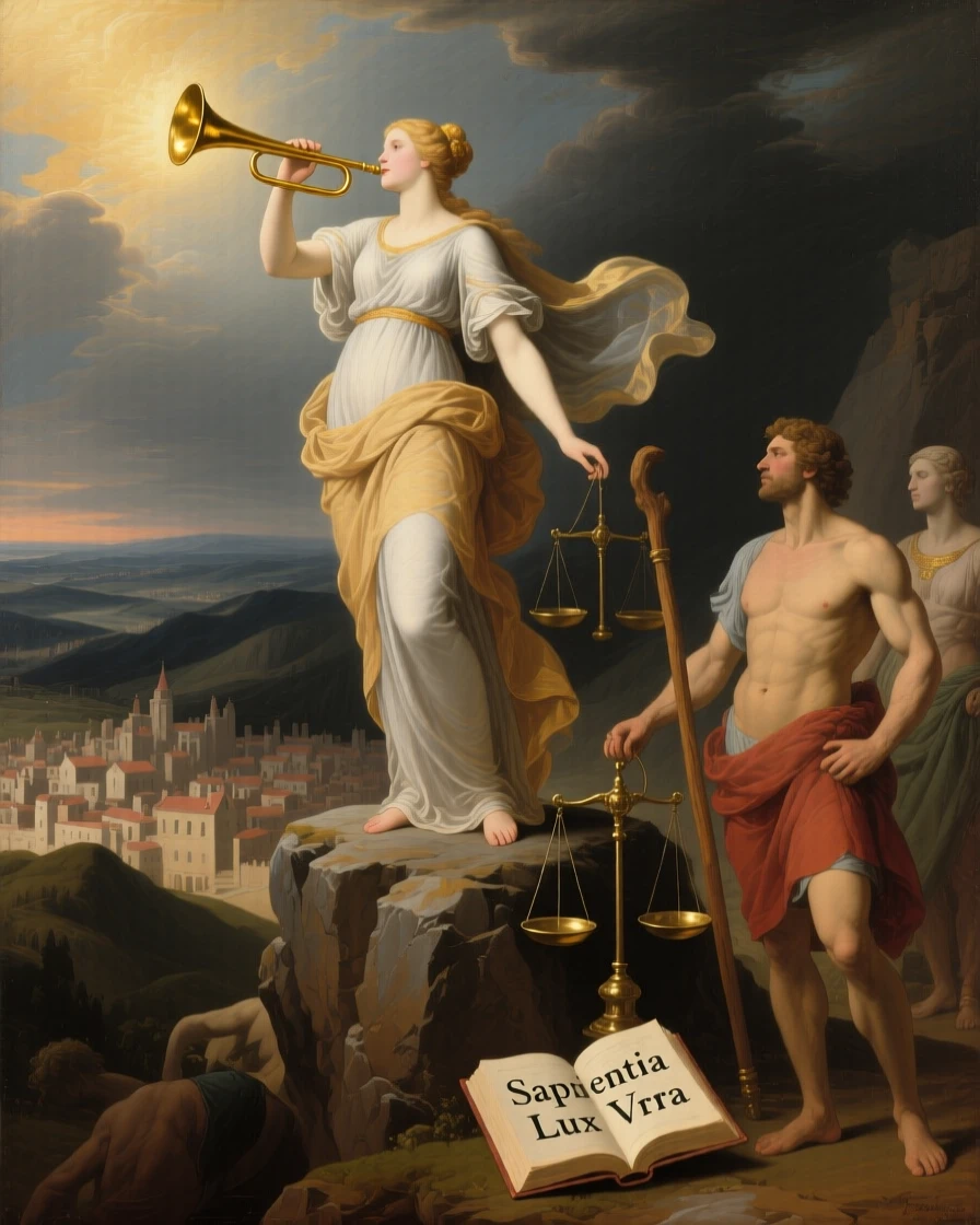 A figure of Fame sounding her trumpet over a sleeping city as light and shadow embody opposing truths, set atop a rocky promontory overlooking a vast unknown, with allegorical attendants representing virtues gathered nearby; a triangular arrangement lends the scene classical stability and gravity, radiating timeless wisdom and moral clarity.