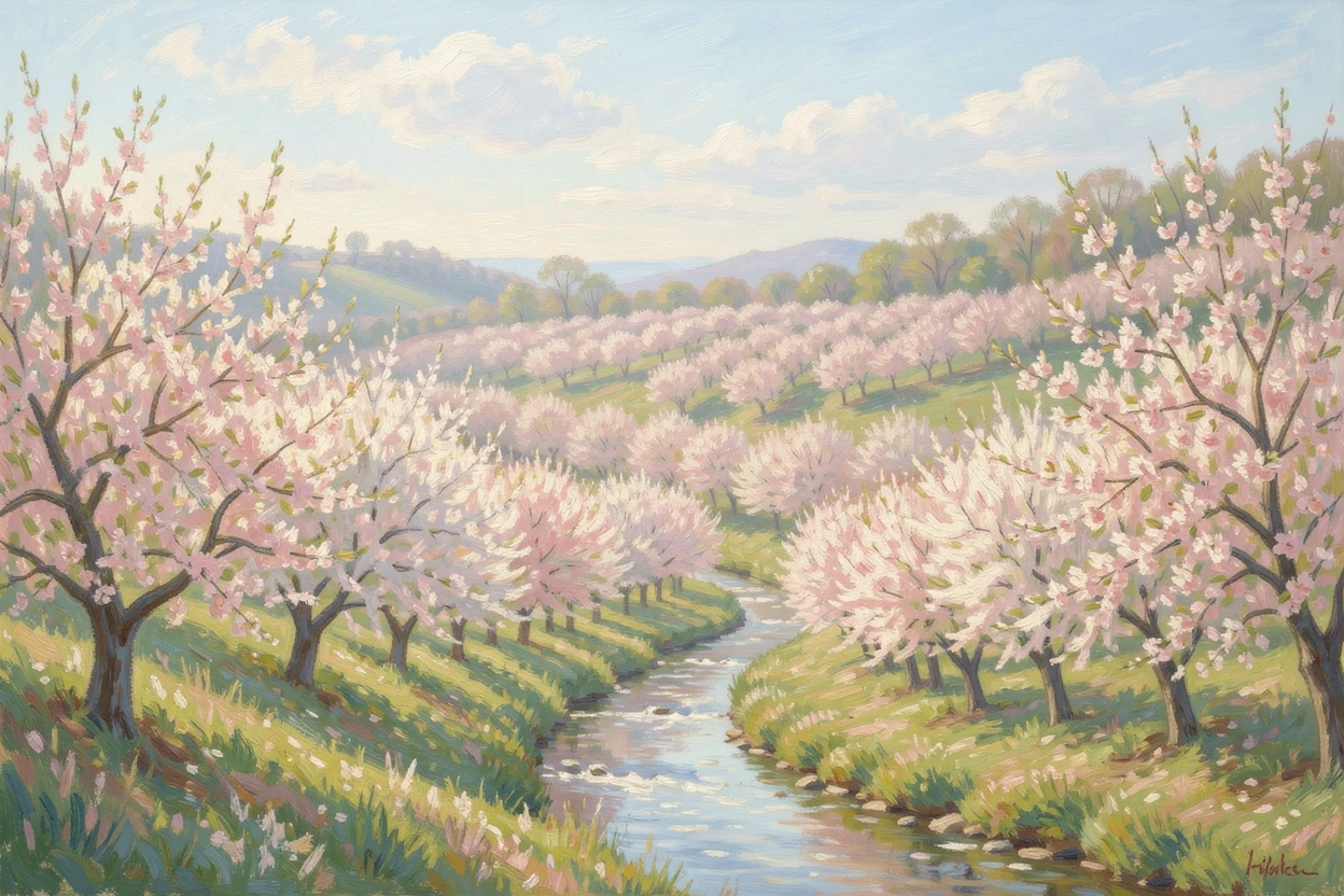 A quiet valley orchard in full blossom, a narrow stream winding between the rows of trees.
