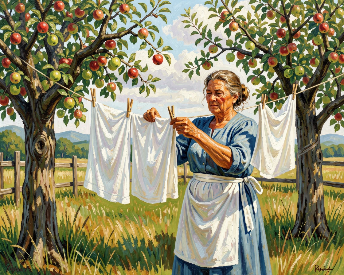 A weathered farmer's wife hanging laundry on a line strung between two apple trees.