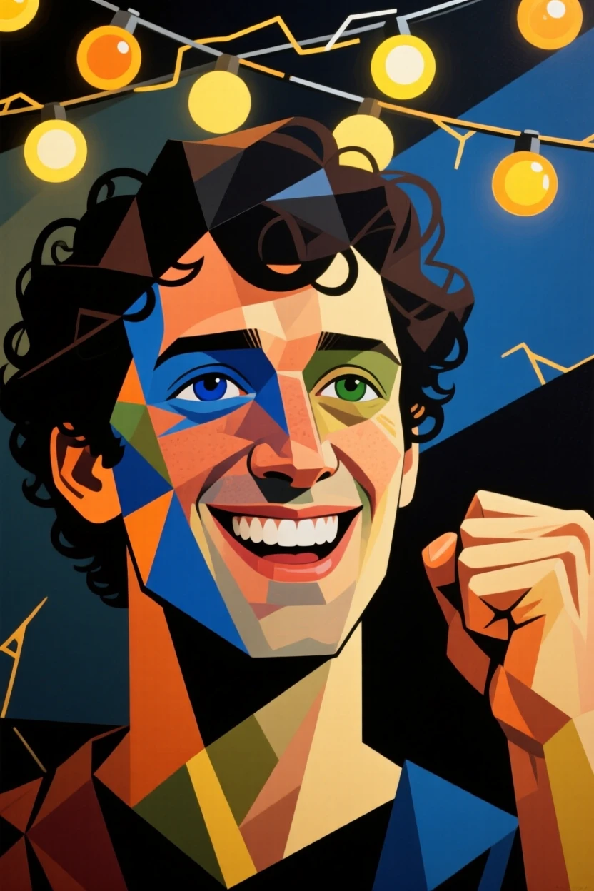 A close-up portrait of a young man of Greek heritage, beaming with triumph, beneath a canopy of string lights.