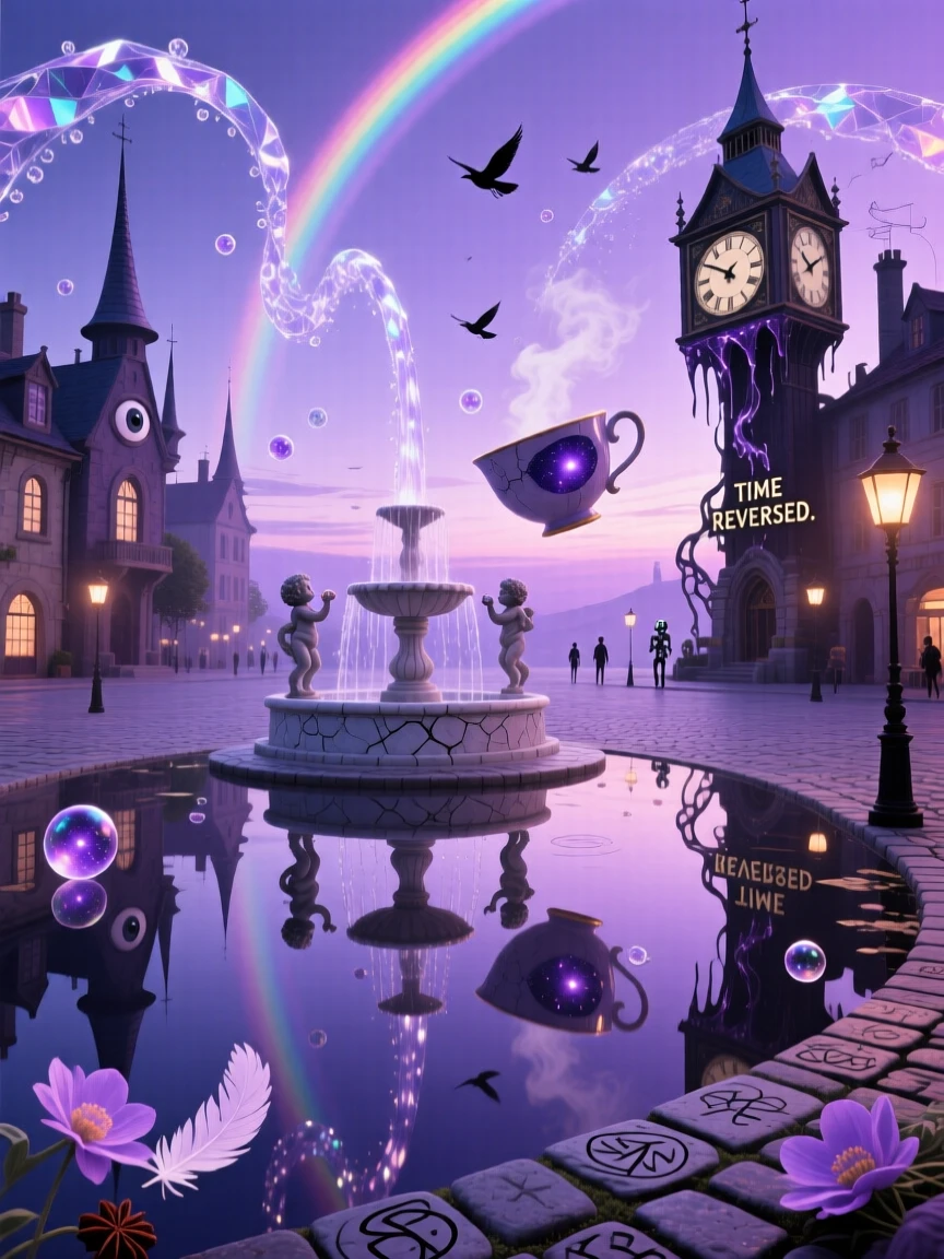 A town square that floats gently above its own reflection drifts slowly across a lavender horizon, while streams of water arc upward instead of down.