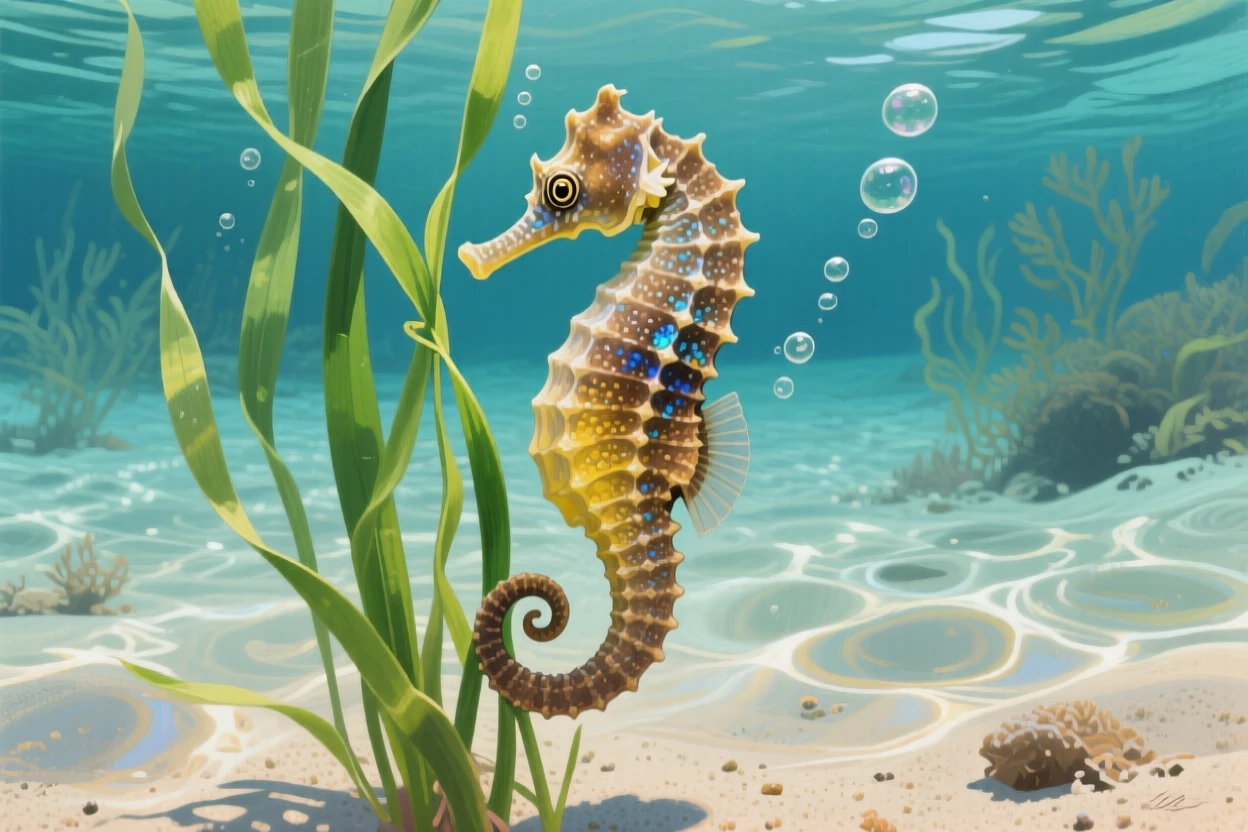 A seahorse clings delicately to a strand of sea grass with its curled tail, camouflaged perfectly among the swaying green blades in shallow water, its posture alert yet relaxed, fully at ease within its natural surroundings.