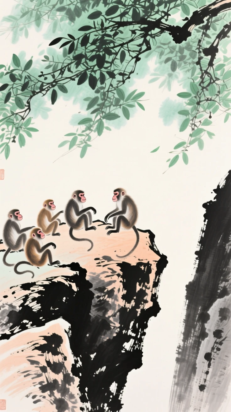 A group of monkeys rests on sun-warmed boulders above a gorge, beneath a canopy of dense green leaves.