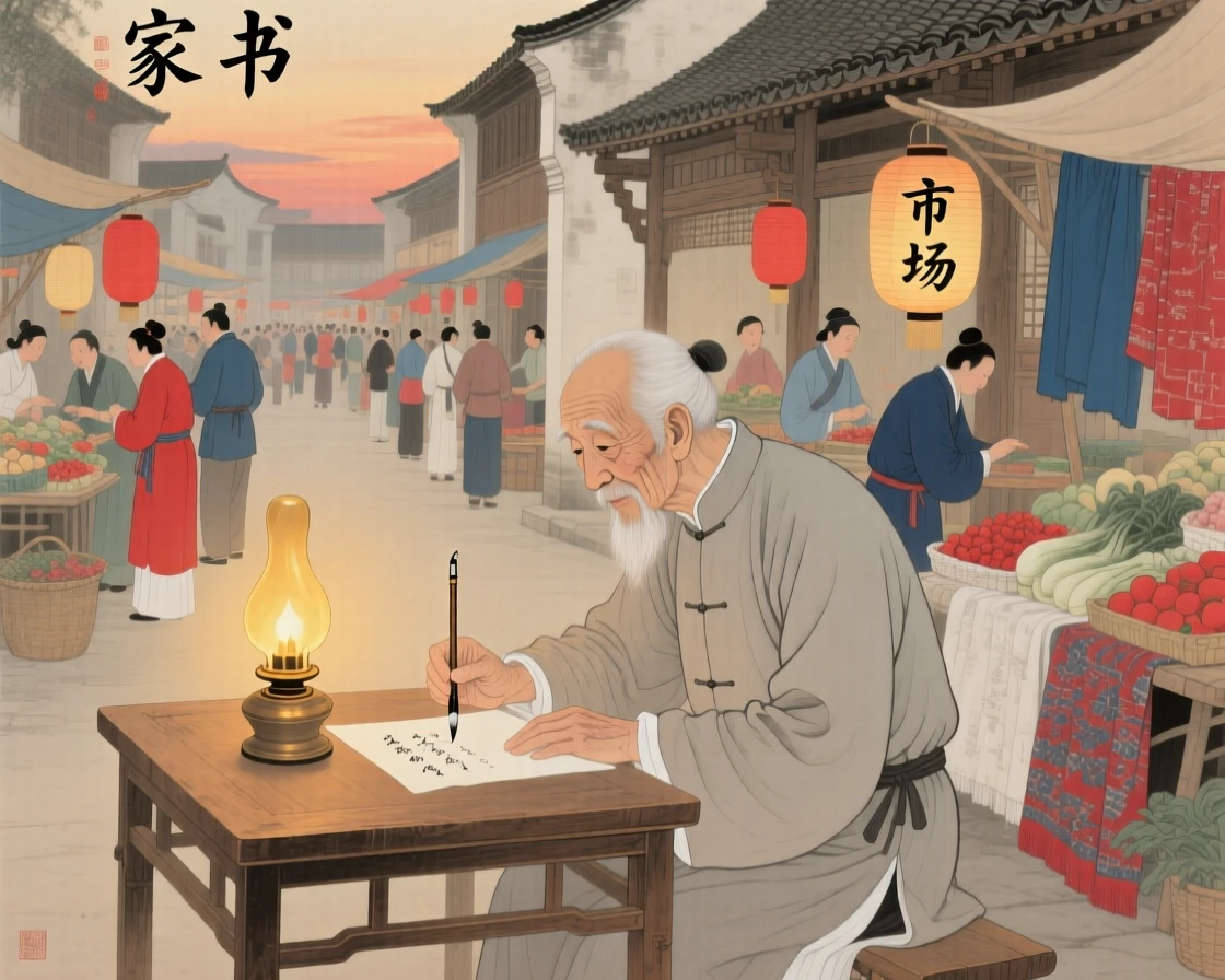 A retired soldier writing a letter home by lamplight in a marketplace bustling with color and life