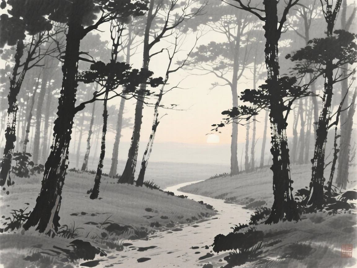 A quiet forest clearing dappled with soft light at first light, when the world is still hushed and grey, captured from a narrow path winding into the depth of the scene, carrying a feeling of timeless peace and stillness.