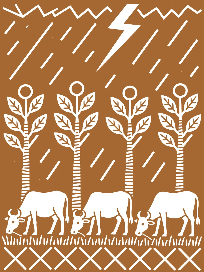 A herd of grazing cattle sheltering under trees during a storm.