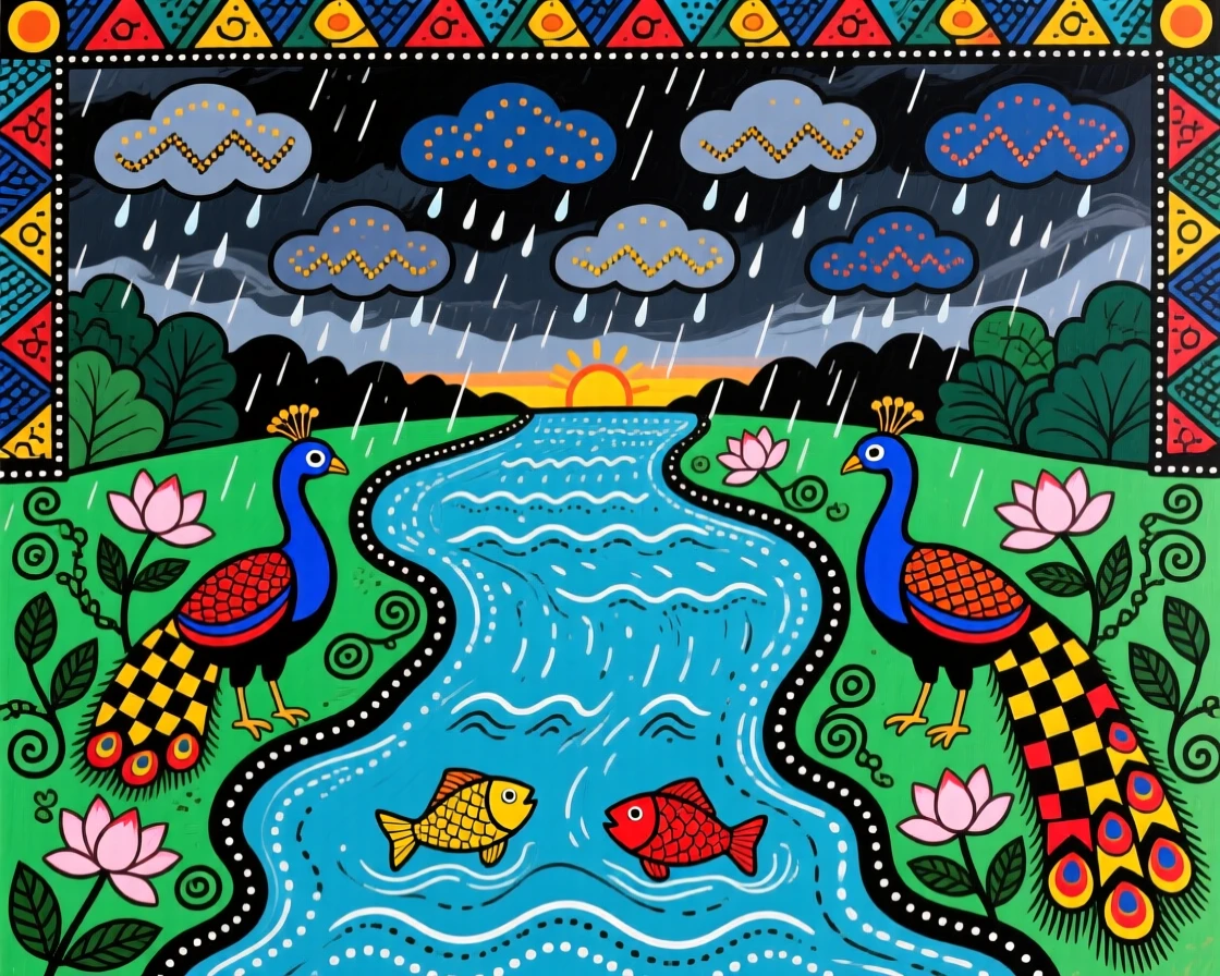 A river swelling with monsoon rain beneath a darkened sky.
