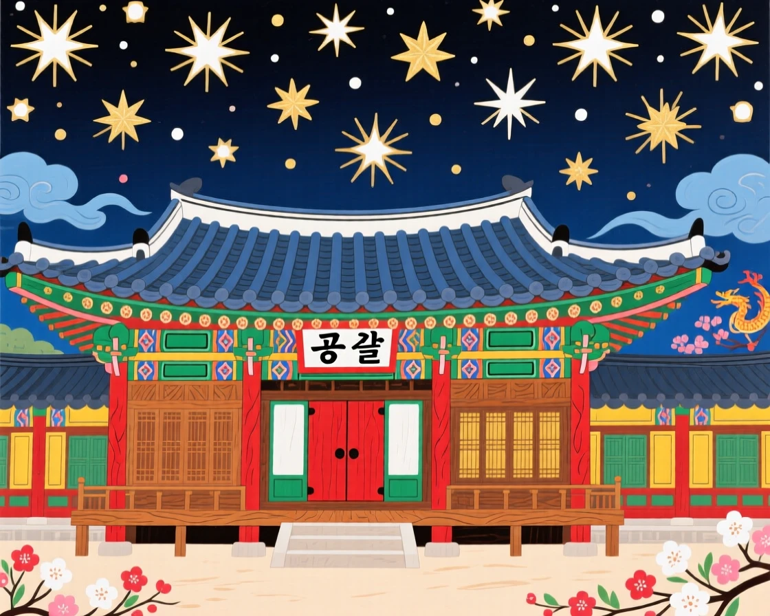 A traditional wooden palace hall with curved eaves beneath a sky full of stars.