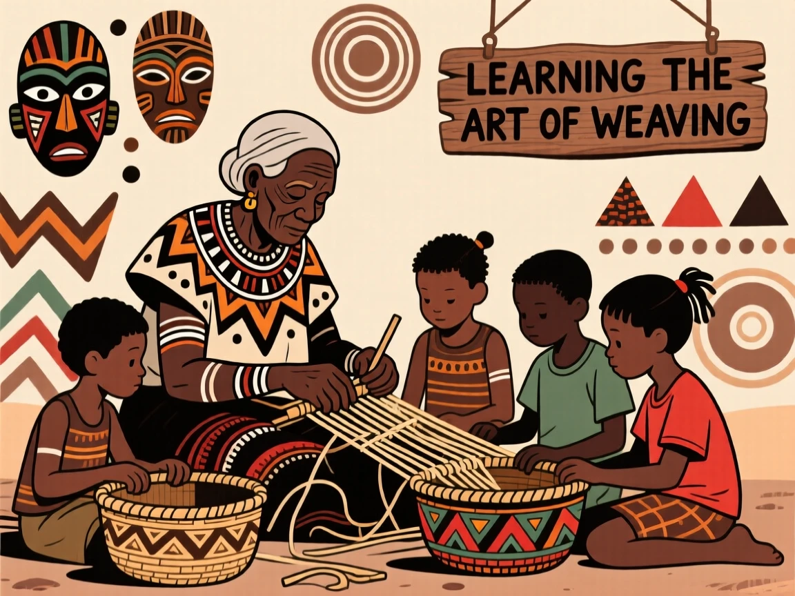 A group of children learning to weave baskets from an elder.