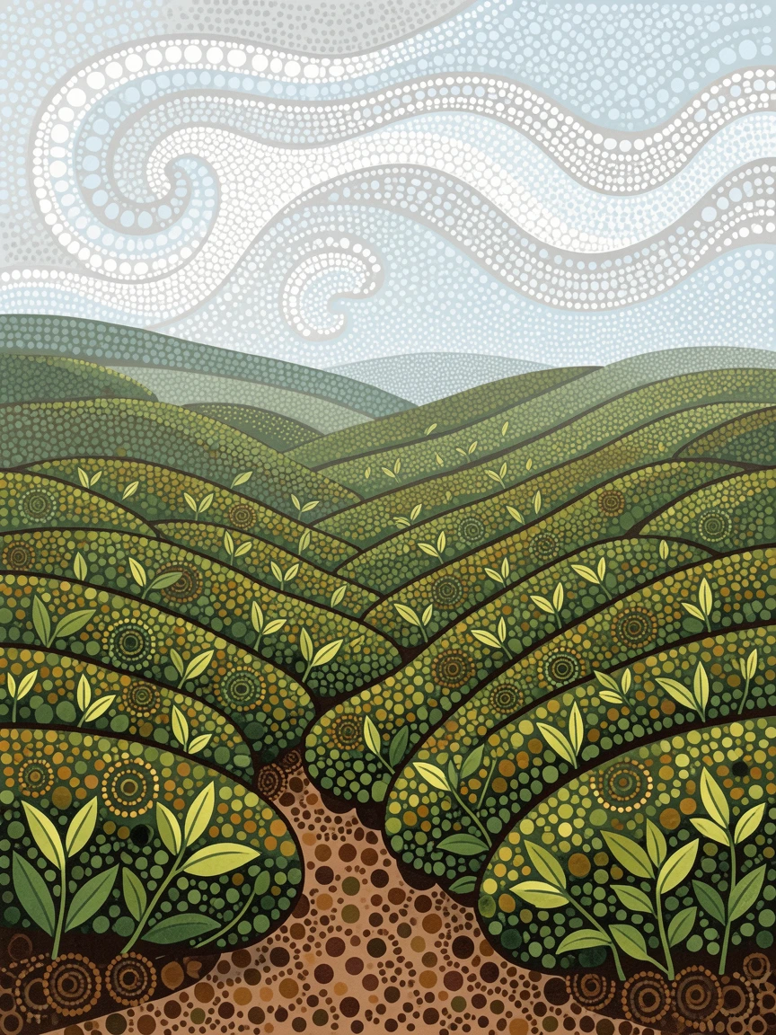 A green tea plantation shrouded in morning mist