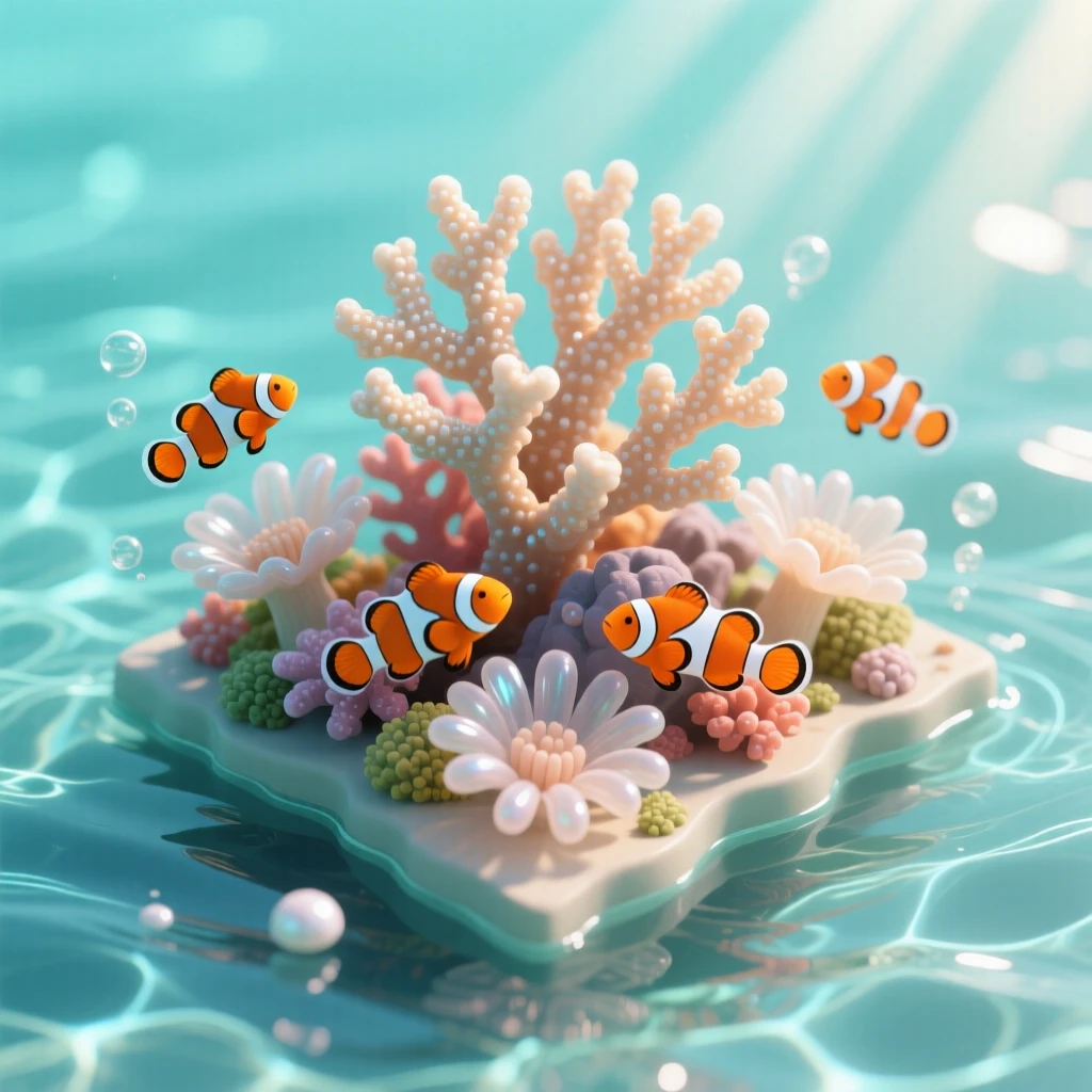 A vibrant coral garden beneath clear water, clownfish darting among anemones, and rays of sunlight piercing the surface above.