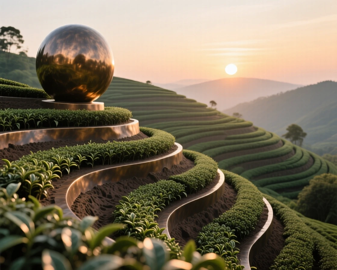 A peaceful terraced tea plantation at sunrise, with a serene, contemplative atmosphere, offering a breathtaking sense of place