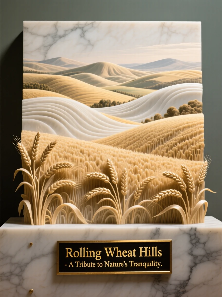 A breathtaking view of rolling hills covered in golden wheat, rich with color and atmosphere, evoking peace and wonder