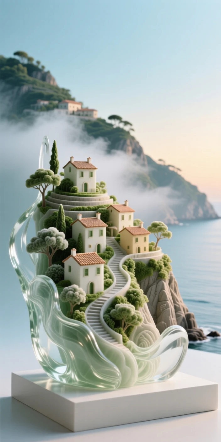 A hillside village on the Amalfi Coast surrounded by lush greenery and soft morning mist, wide establishing composition, feeling serene and majestic.