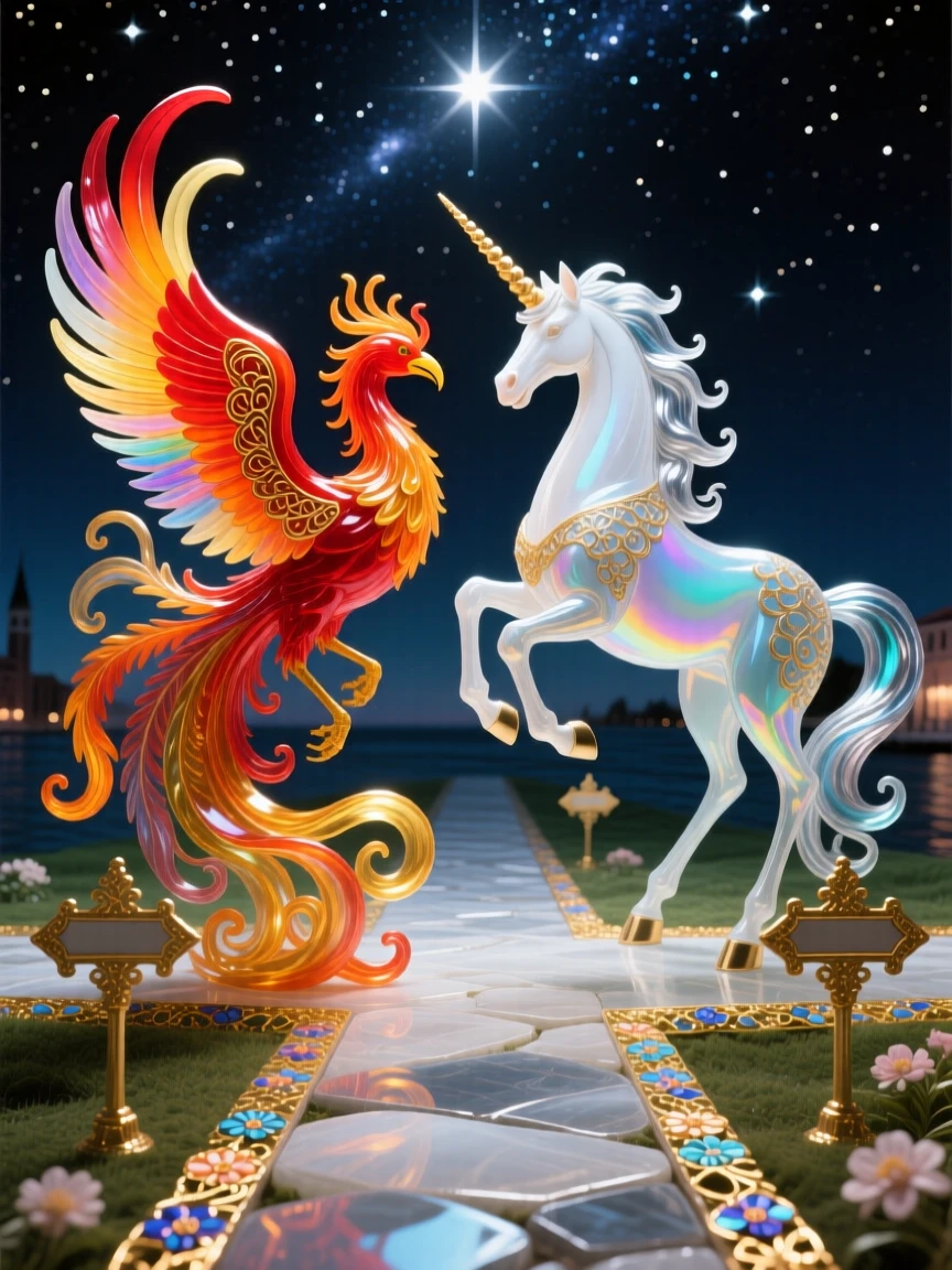 A phoenix and unicorn meeting at a mystical crossroads under starlight, magical and symbolic.