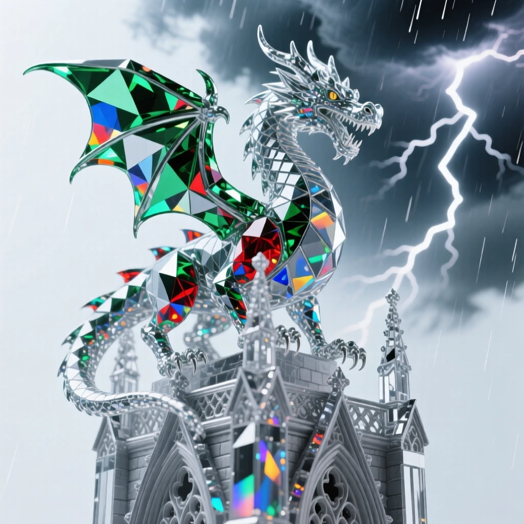 A dragon perched atop a cathedral spire during a raging thunderstorm.