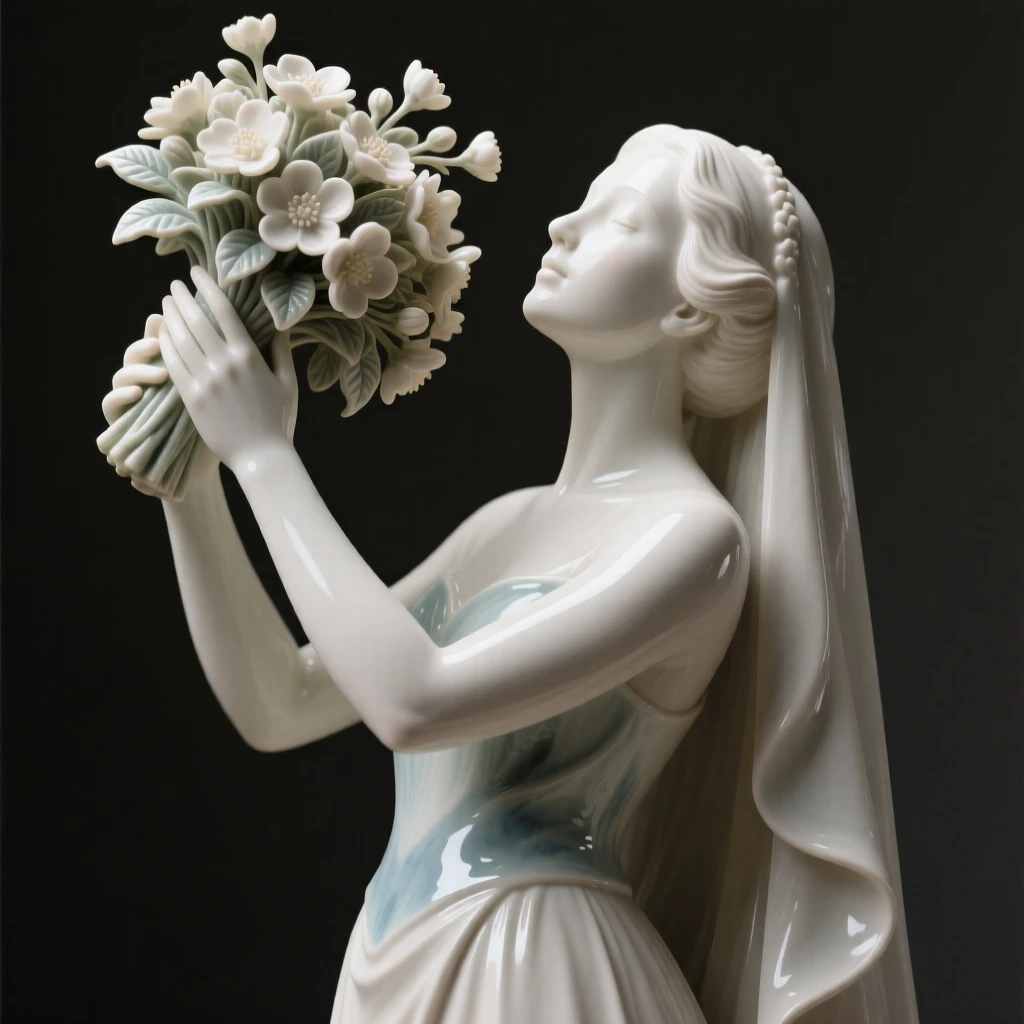 A bride cradling a bouquet of blossoms reaching upward as if toward the light, with expressive hands mid-gesture, conveying quiet dignity and timeless beauty.