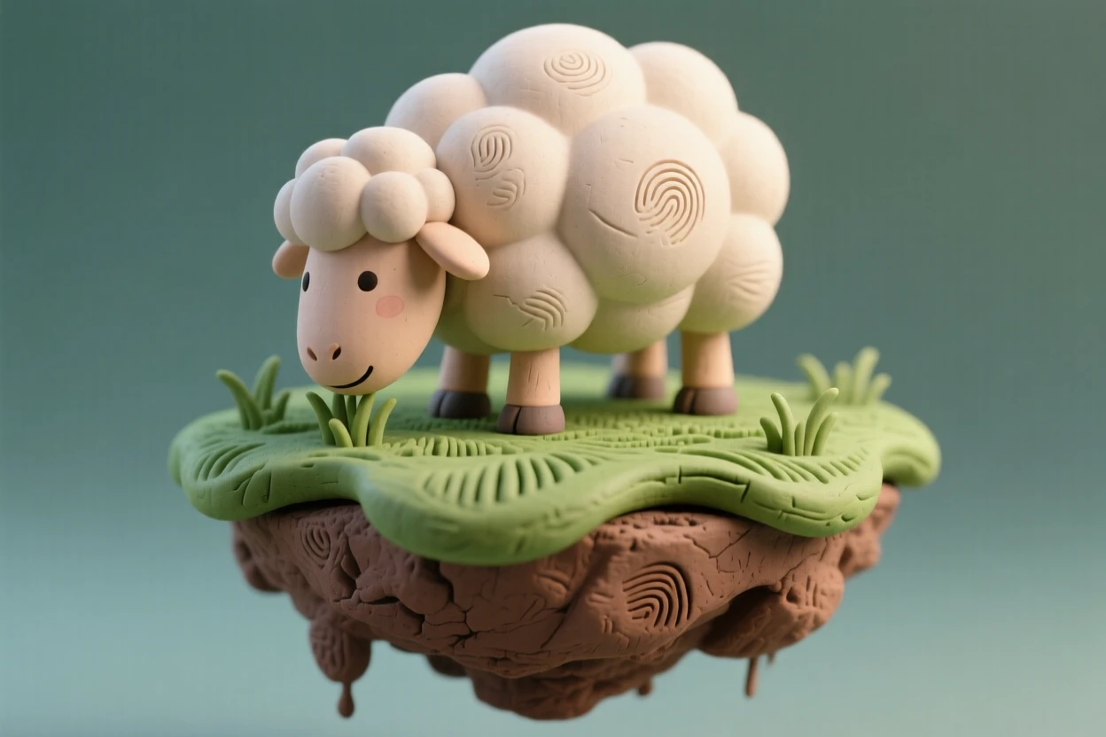 A tiny cloud sheep grazing on a floating grassy island