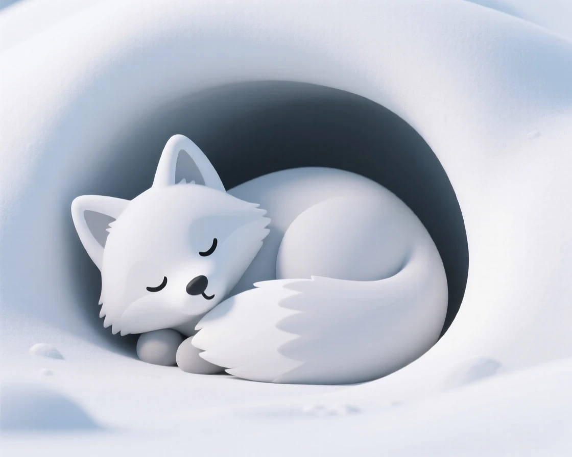 A fluffy arctic fox curls into a snowy burrow, thick white fur blending perfectly with drifting snow.