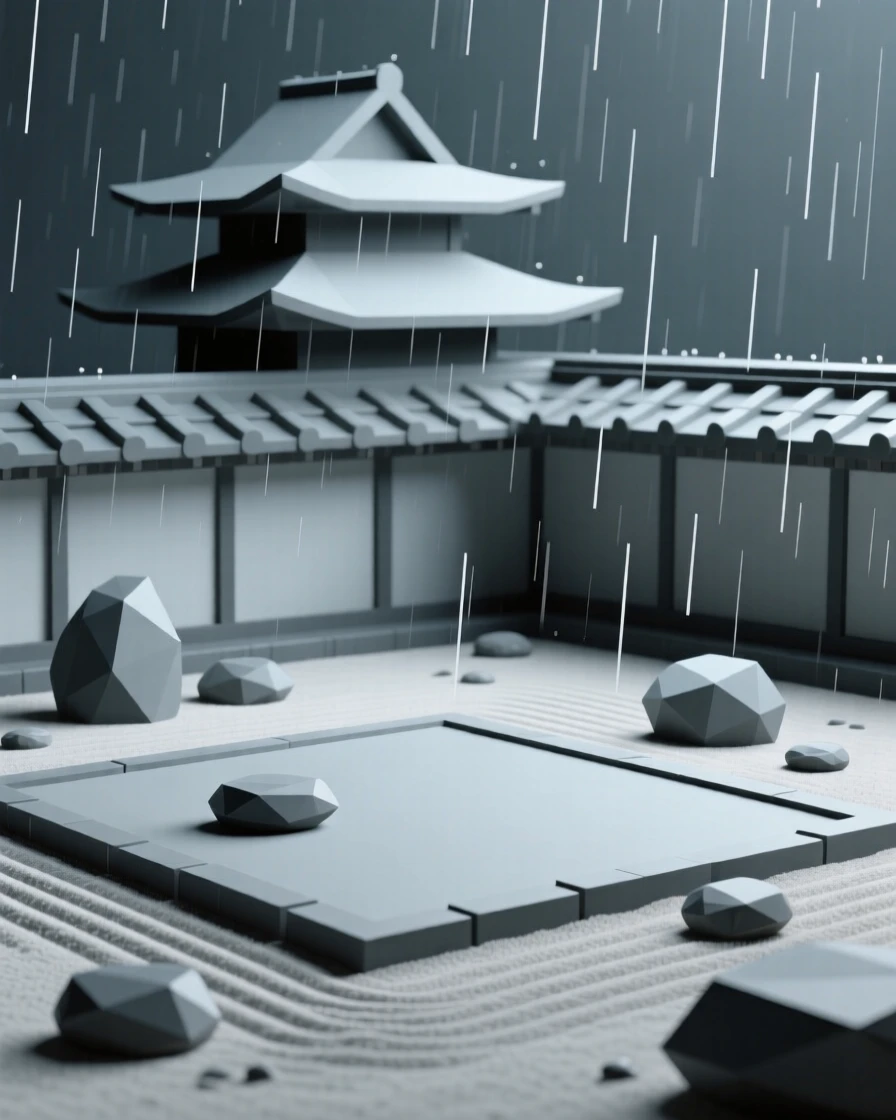 A tranquil Zen garden with raked sand and smooth stones, under a gentle evening rain. the composition highlights layered rooftops and textures. It captures a feeling of quiet discovery.