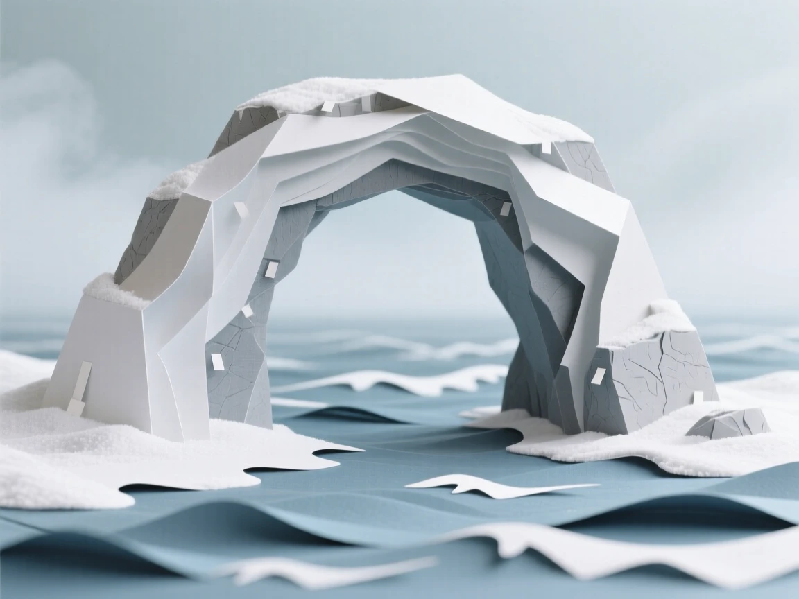 A dramatic sea arch carved by centuries of waves in soft drifting morning mist, with fresh snow blanketing every surface, evoking serene, meditative contemplation.