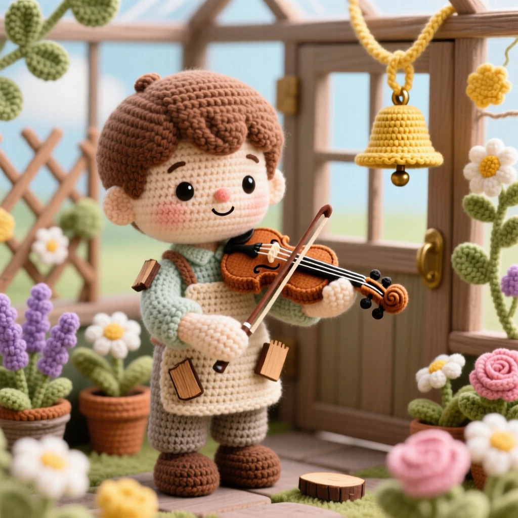 a small boy violin maker apprentice, with wood shavings on his sleeves, is captured carefully varnishing a small violin in a cheerful greenhouse filled with blooming flowers beside a small brass bell hanging by the door, radiating warm, homespun charm and quiet dedication.
