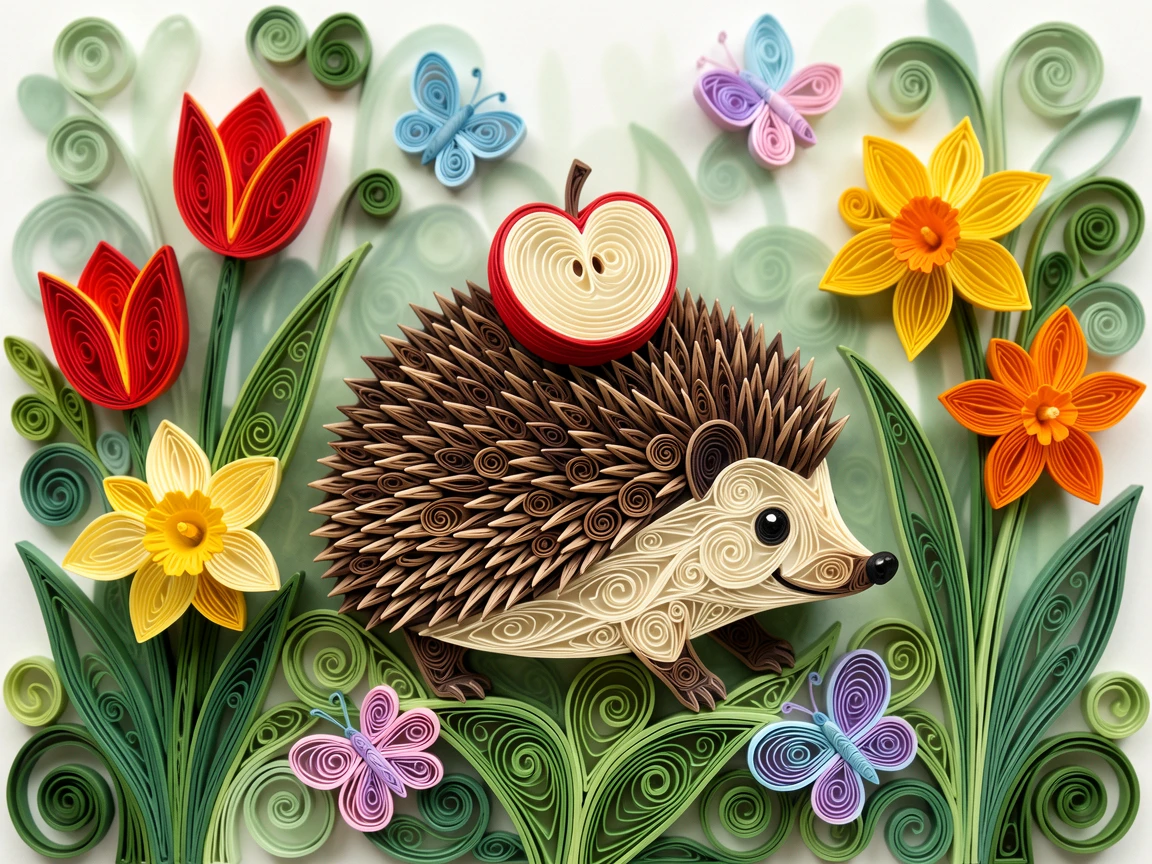 A heartwarming scene of a tiny hedgehog carrying an apple slice on its back in a garden bursting with tulips and daffodils, centered with soft blurred greenery in the background, with a scattering of tiny butterflies nearby.