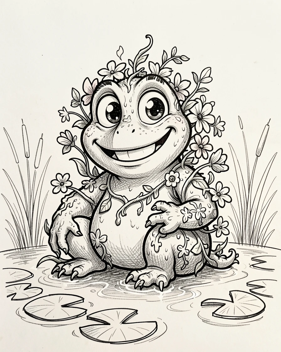 A friendly swamp creature covered in flowers on the edge of an enchanted lake.