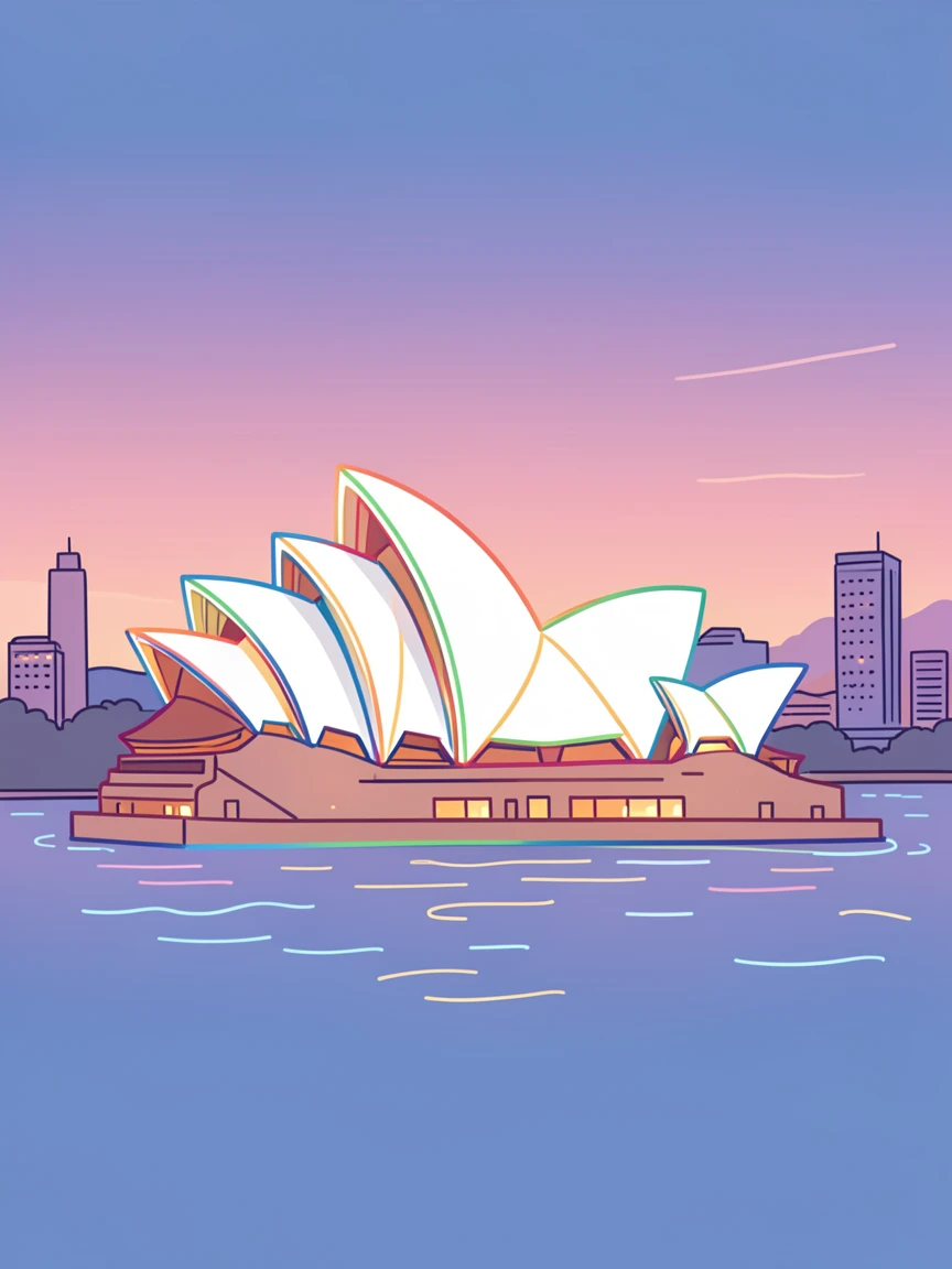 The Sydney Opera House glowing against a twilight harbor skyline.