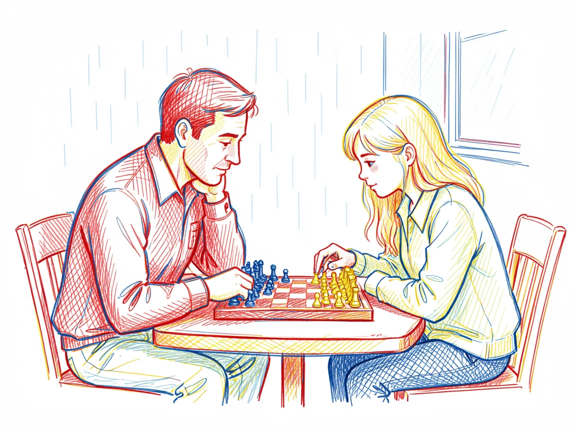 A father teaching his daughter chess on a rainy afternoon