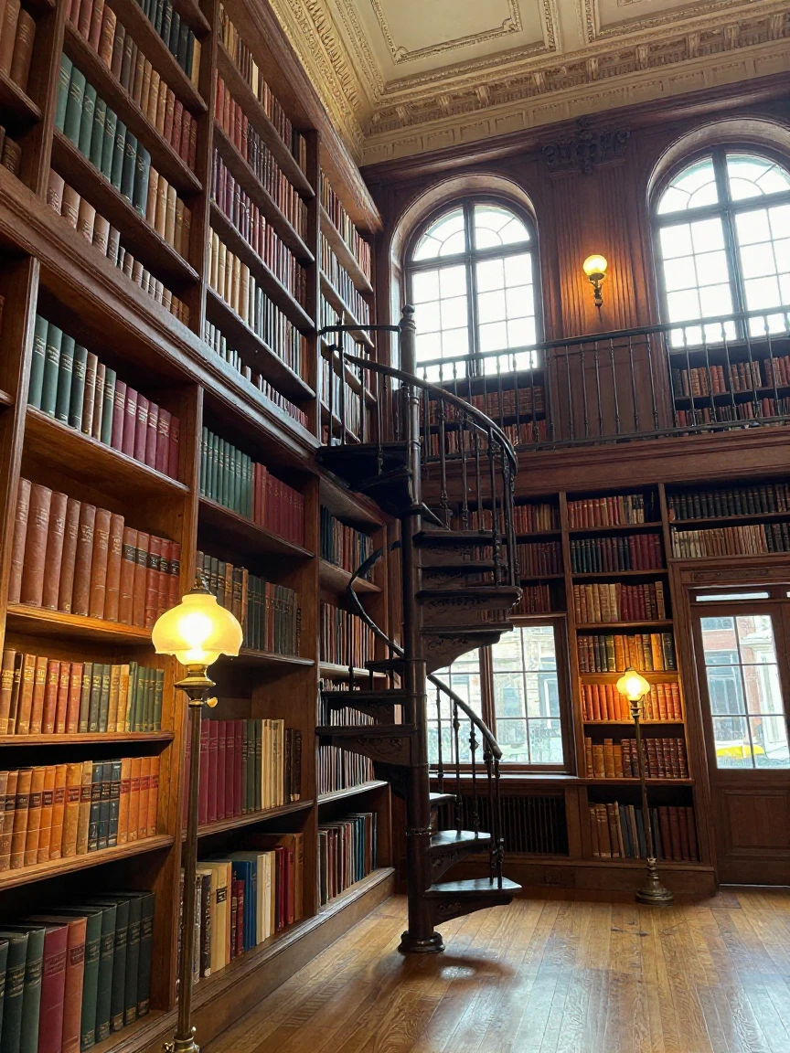 A historic library with towering bookshelves and a spiral staircase