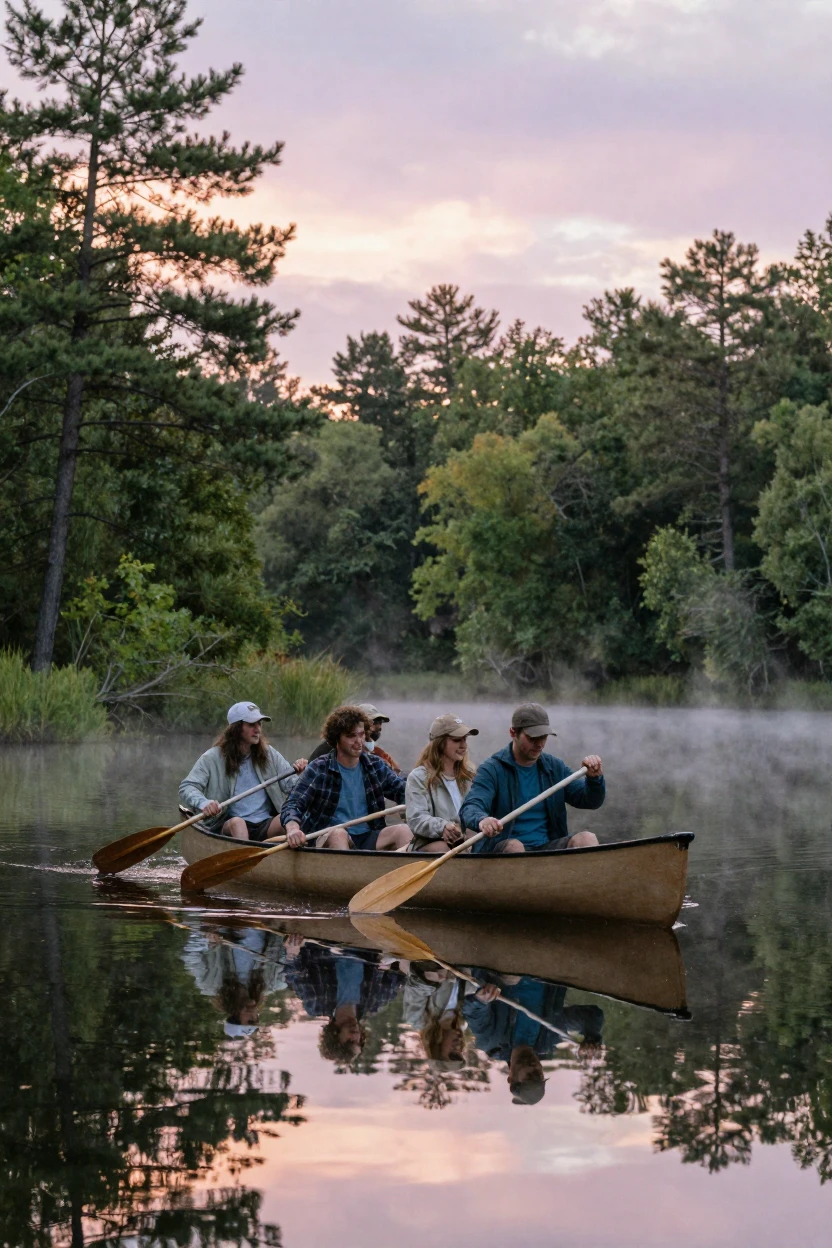 A group of friends paddles a canoe together across a still forest lake at dawn.