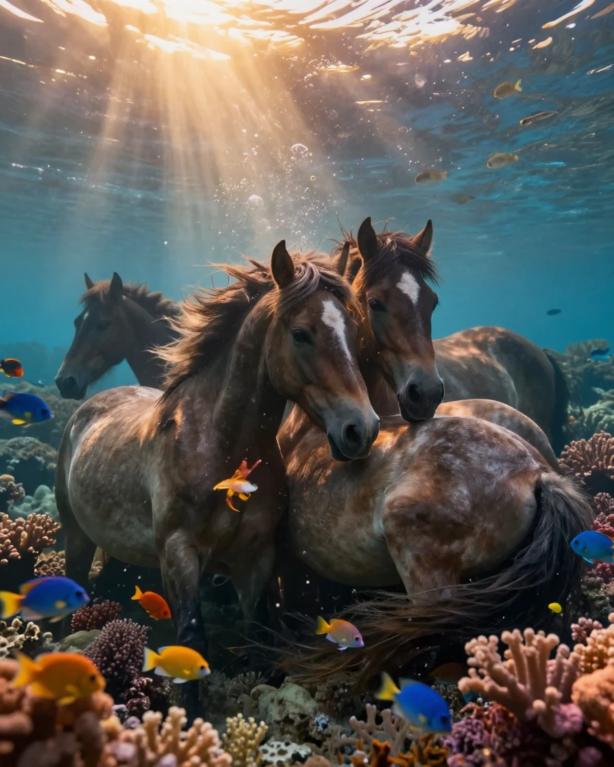 A wild mustang huddling together for warmth within a coral reef teeming with life as the day slowly fades