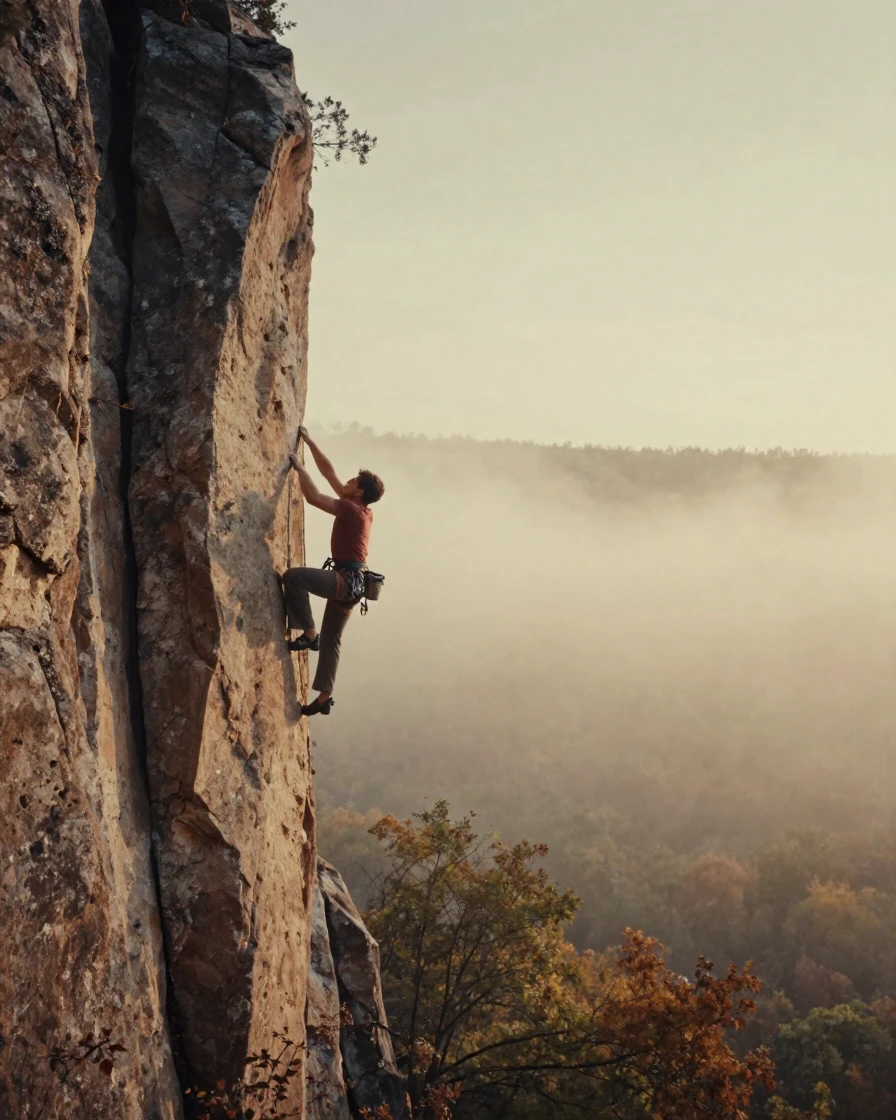 A rock climber scaling a sunlit sandstone cliff, in warm morning light, in thick rolling fog, in the mild days of early autumn, with a soft sepia-tinted glow, from behind, looking toward the horizon.