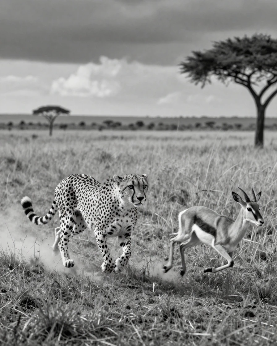 A cheetah sprints after fleeing prey on the open African savanna.