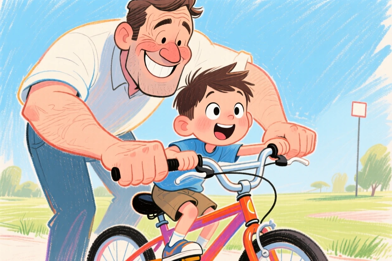 A father teaching his son to ride a bike, hand steadying the seat from behind.