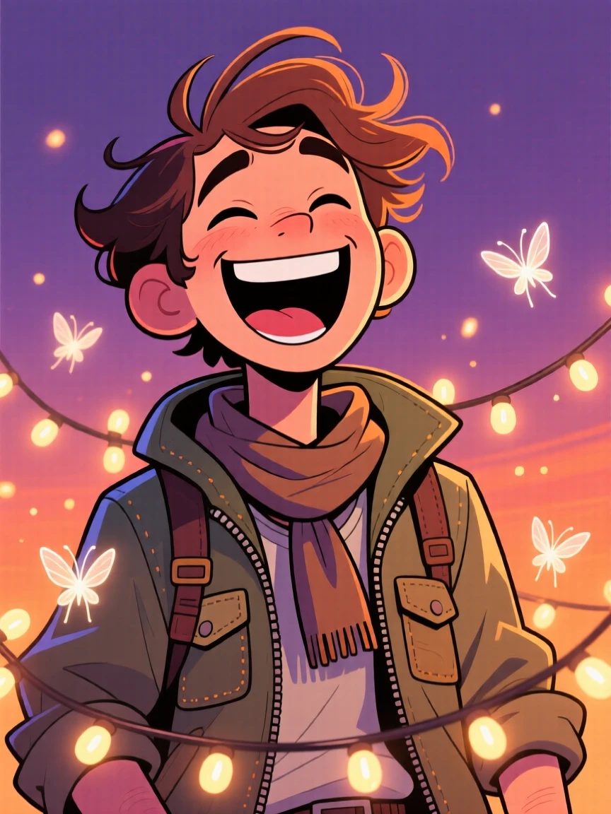 A charming portrait of a bold adventurer, laughing so hard their eyes squint shut, surrounded by twinkling fairy lights.
