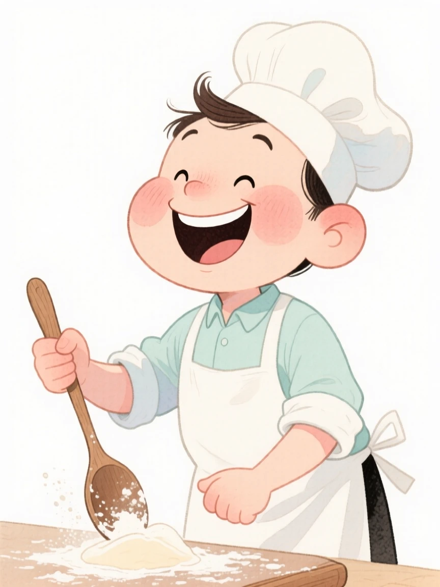 A baker laughing mid-task with genuine warmth